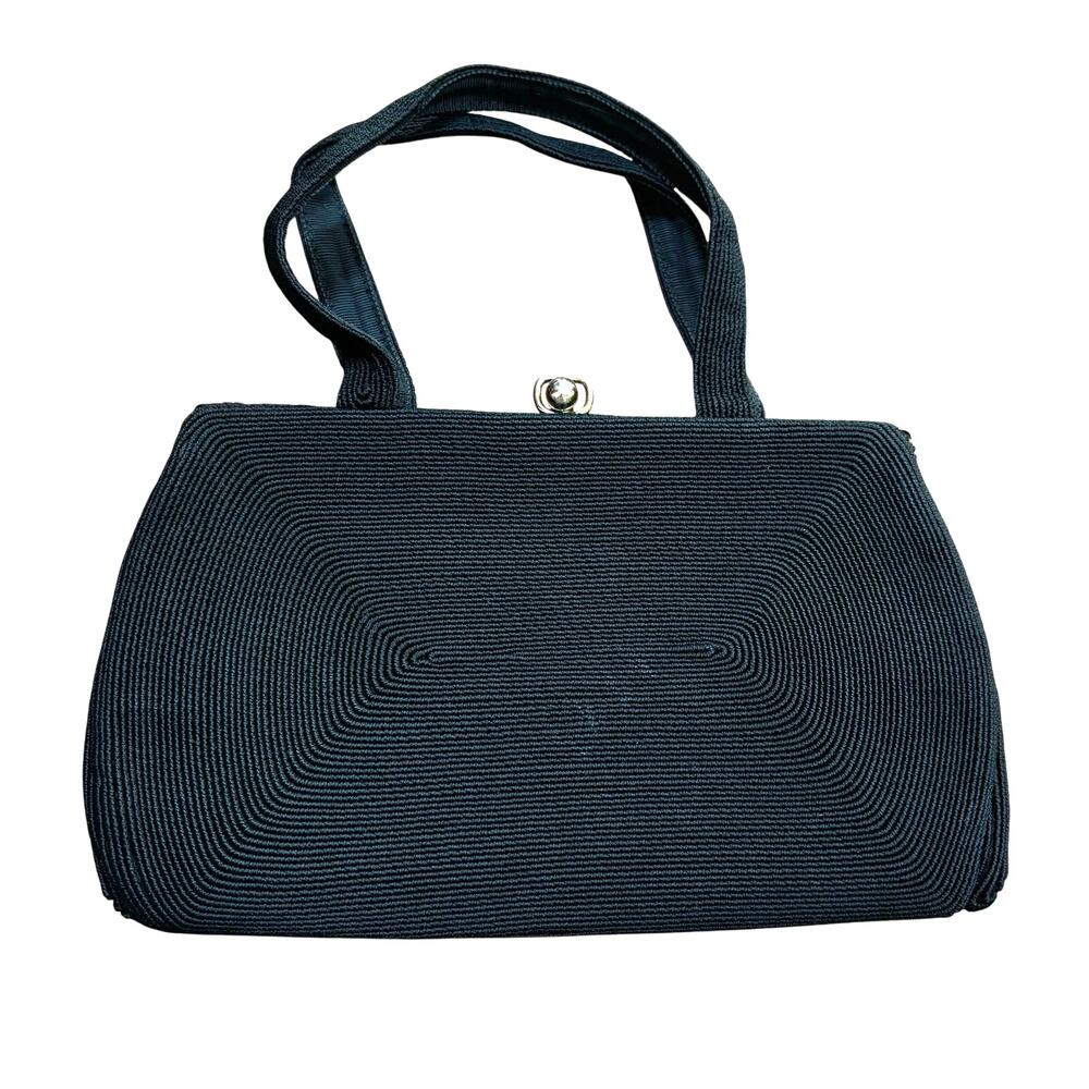 Corde style top handle evening bag purse vintage mid century 50’s dressy black